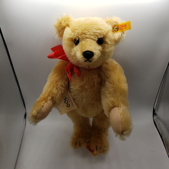 Steiff Tall Blonde Teddy Bear red ribbon
